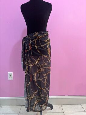 Fashion Nova Black Mesh Sarong with Gold Chain Print